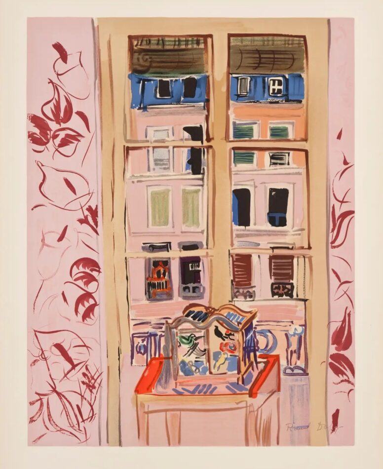 An untitled 1953 print by Raoul Dufy depicting a bird cage by a window with a view of the building across the street