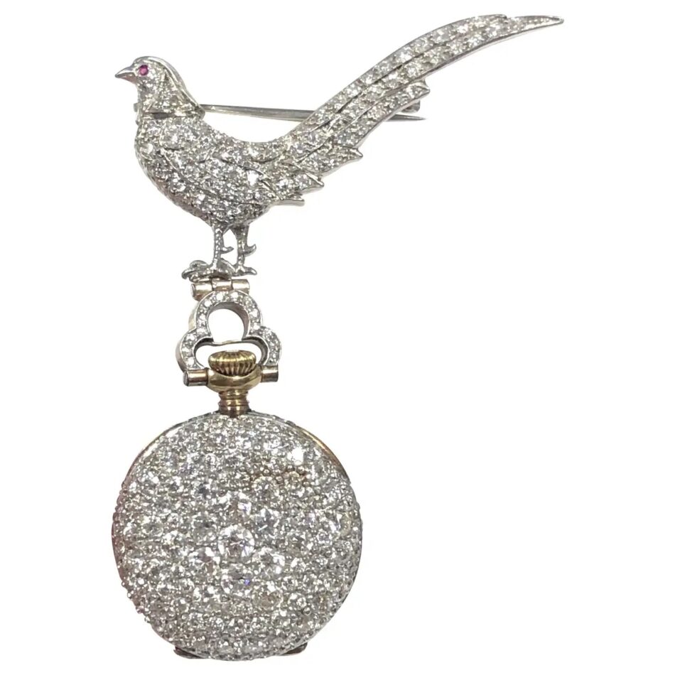 Tiffany & Co. diamond-encrusted bird lapel-pin watch, 1910