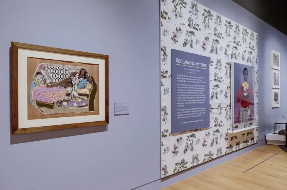 An installation view of the exbition "Reclaiming My Time” in the new Rhimes Family Foundation Visual Arts Gallery at the Smithsonian’s National Museum of African American History and Culture