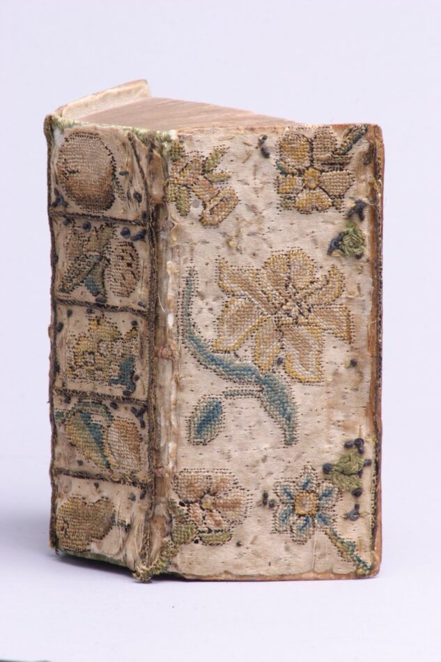 An embroidered French translation of the New Testament by Anna Maria van Schurman. Photo courtesy of Museum Martena and the National Museum of Women in the Arts