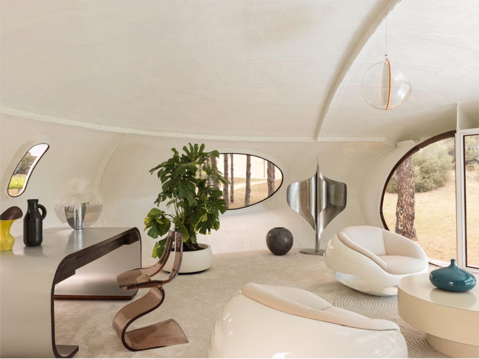 The interior of the 1969 Xasteros House, decorated with furniture with a similarly Space Age feel