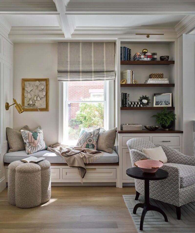 In this quiet corner of the living room in a Boston waterfront townhome by Liz Caan, subtle finesse resides in the details.