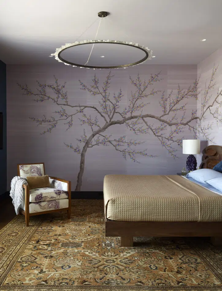 New York City bedroom with Japanese-inspired wallpaper. Room by Elena Frampton