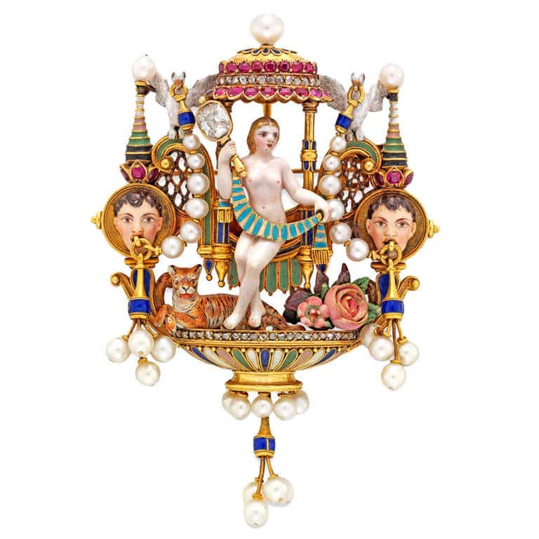 Carlo Giuliano Renaissance-Revival Enamel Diamond Ruby Pearl Gold Brooch