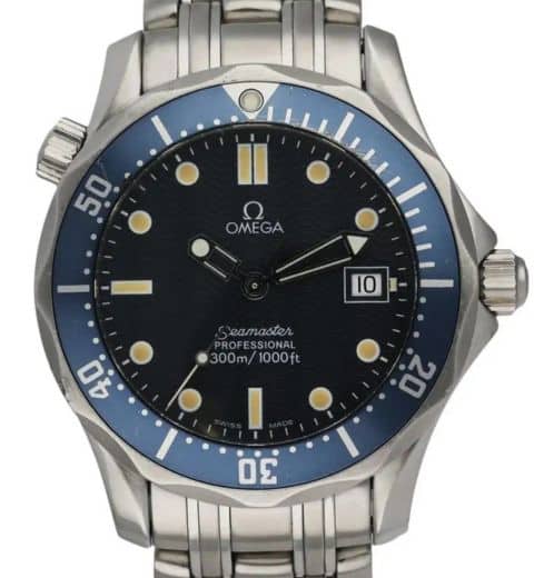 The date window on an authentic Omega Seamaster Professional watch. 