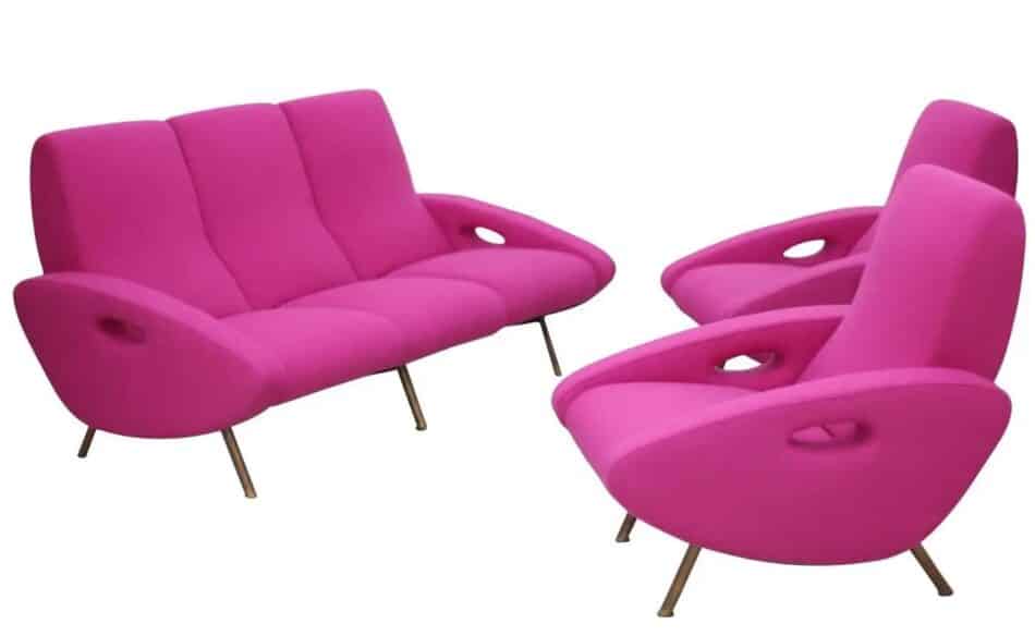 Maurice Mourra Frères fuchsia sofa and armchairs, 1950s