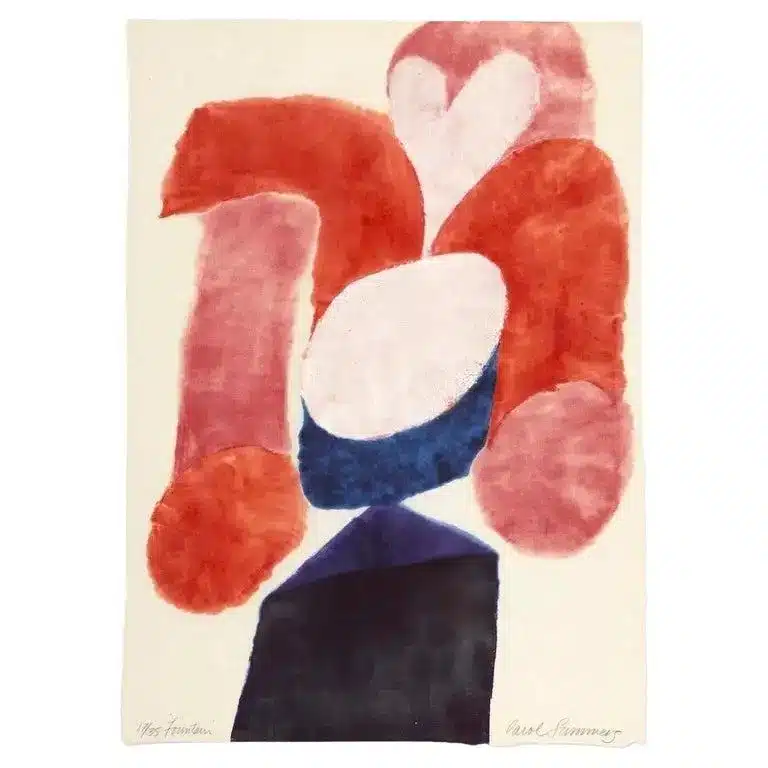 1964 red, white and blue woodcut print by Carol Summers