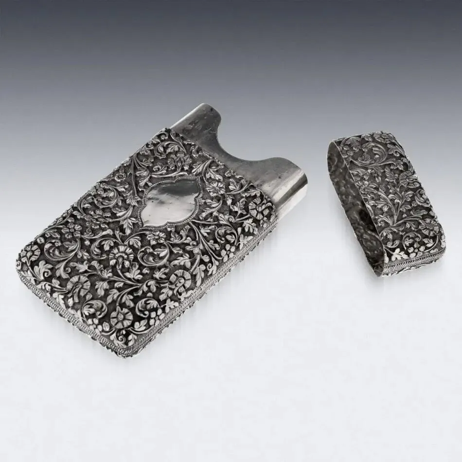 Solid silver cigar case, 1890s, with a floral pattern