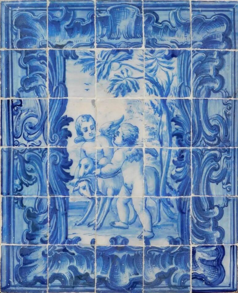 aroque azulejo scene depicting angels and hunting dogs, 17th century