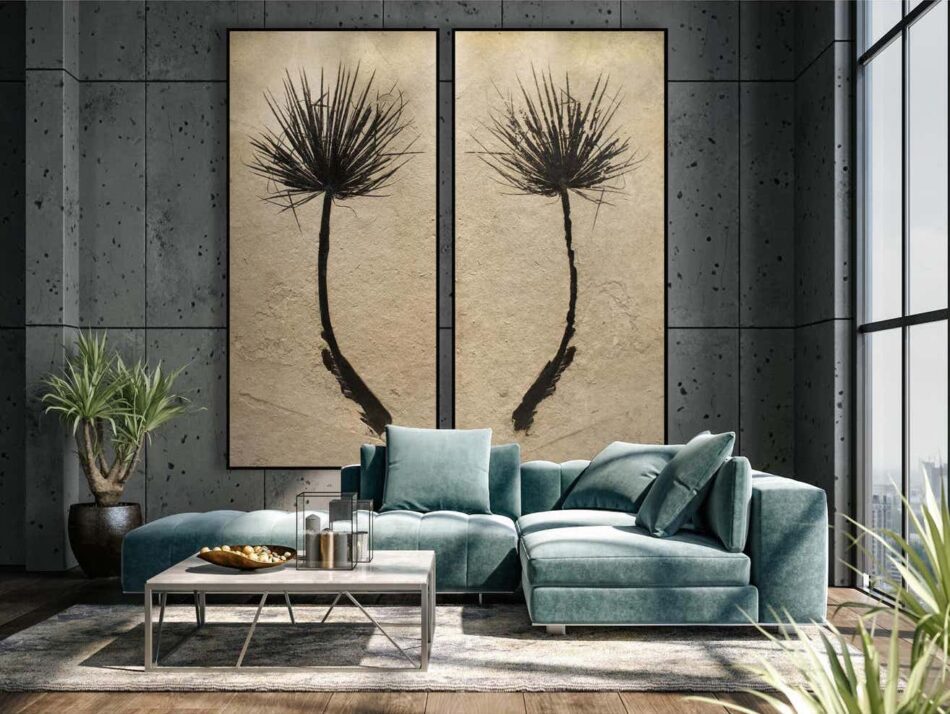 Living room with fossilized palm fronds hanging over the couch
