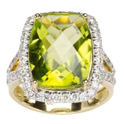 A 7.7-carat, pineapple-cut peridot and diamond cluster ring.