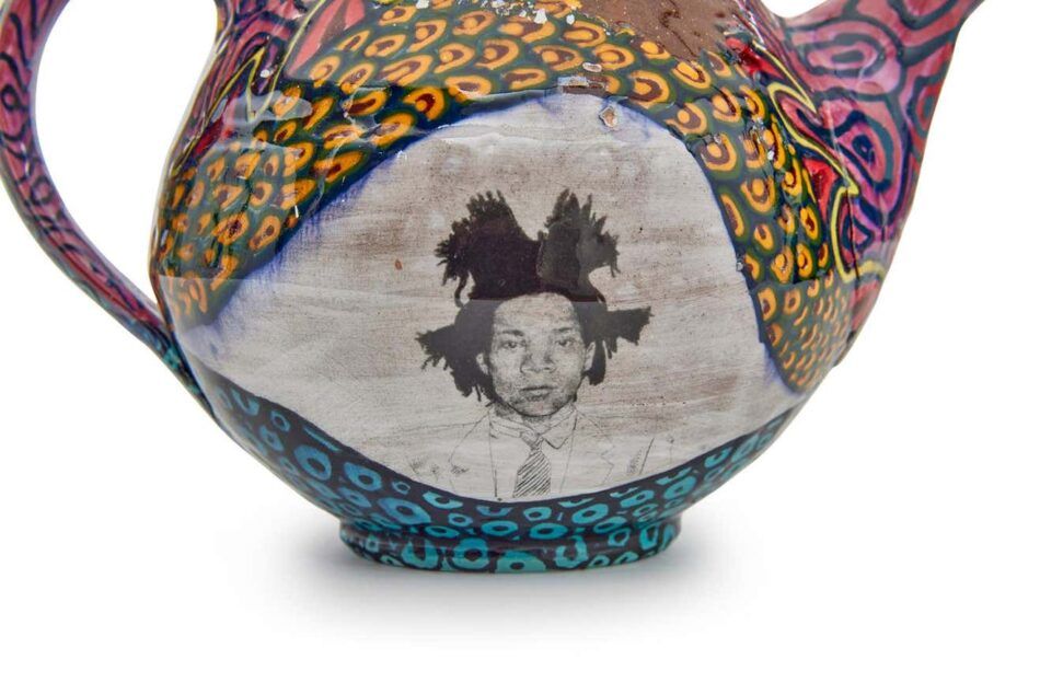 Agnes Martin/Jean-Michel Basquiat Teapot, 2021 (detail), by Roberto Lugo