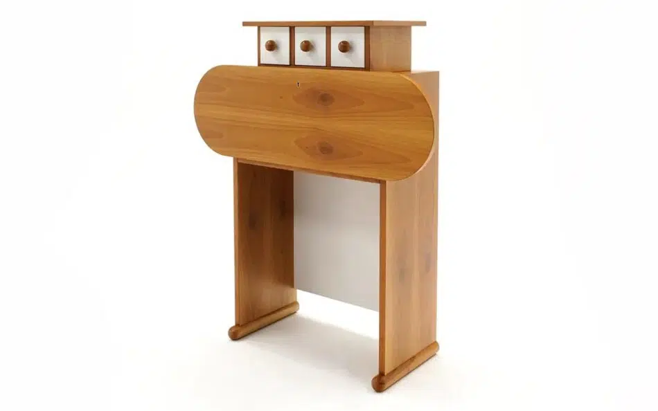 A minimalist cherry secretary by Ettore Sottsass with an oval drop leaf
