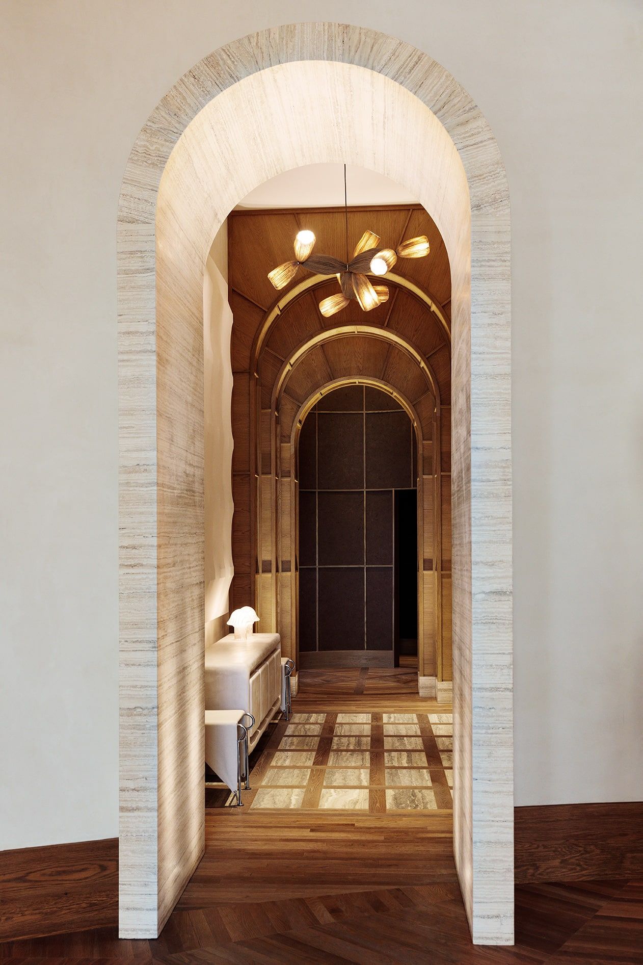 A travertine archway at the new Santa Monica Proper hotel, designed by Kelly Wearstler