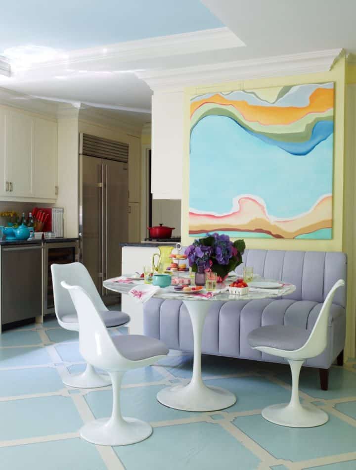 This Manhattan kitchen by Celerie Kemble has a strong Palm Beach vibe, anchored by the hand-painted floor.
