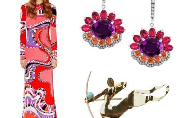 Emilio Pucci gown, Bella Campbell earrings, Trabert & Hoeffer Mauboussin centaur brooch