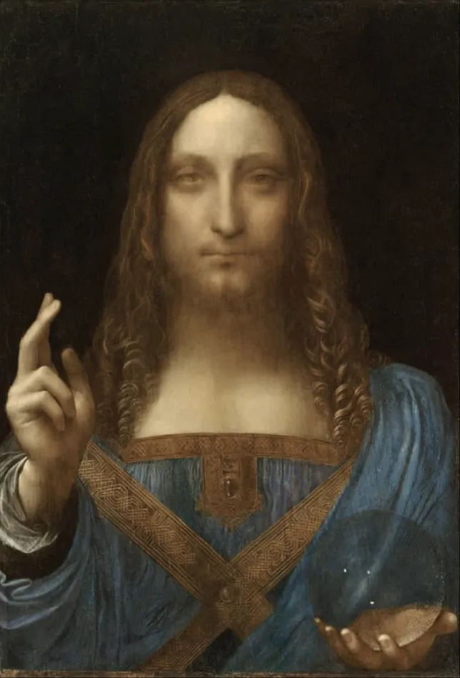 Salvator Mundi, 1490–1500, by Leonardo da Vinci. Bought at auction in 2017 for $450.3 million, it is the most expensive painting ever sold.