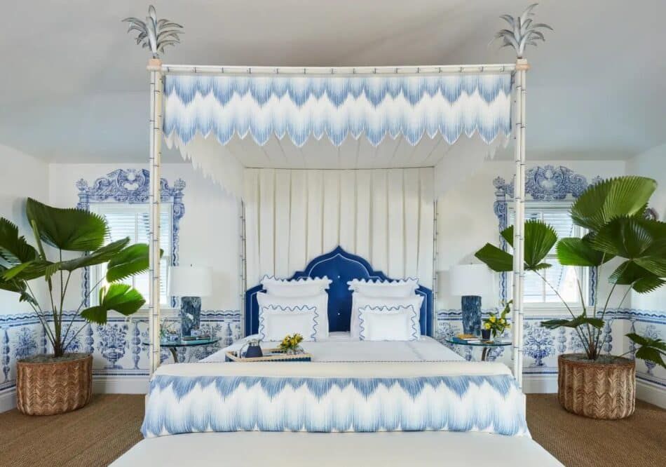 Alessandra Branca's bedroom for the Kips Bay Palm Beach showhouse with her azulejo-inspired Porto wallcoverings for de Gournay.