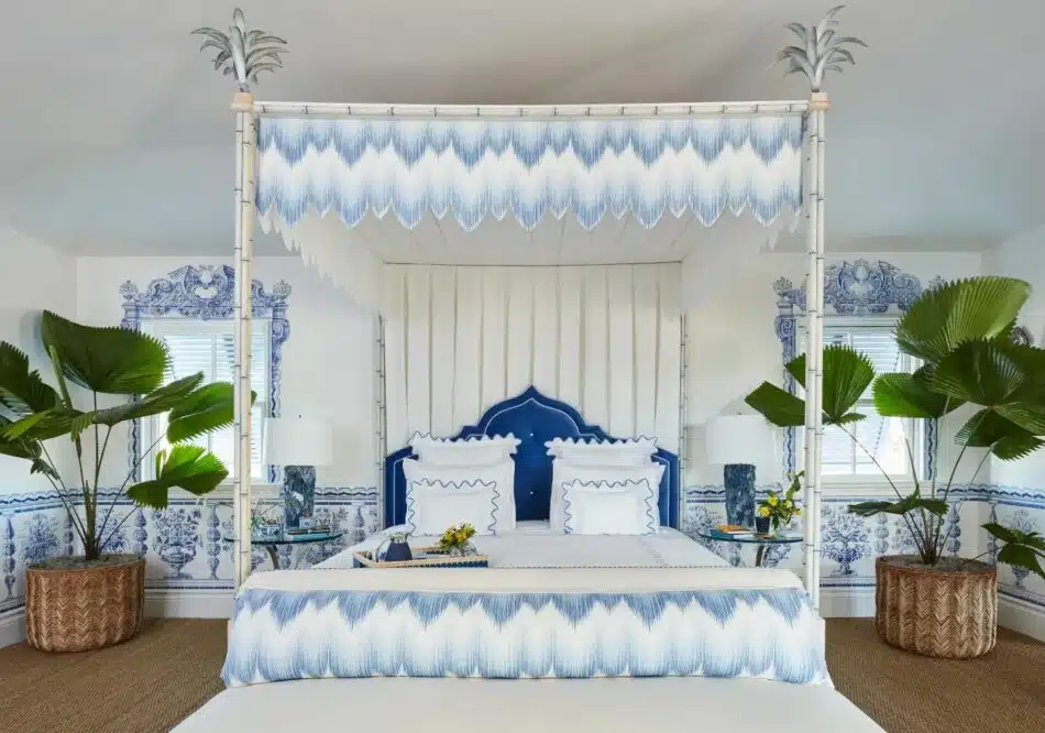 Alessandra Branca's bedroom for the Kips Bay Palm Beach showhouse with her azulejo-inspired Porto wallcoverings for de Gournay.