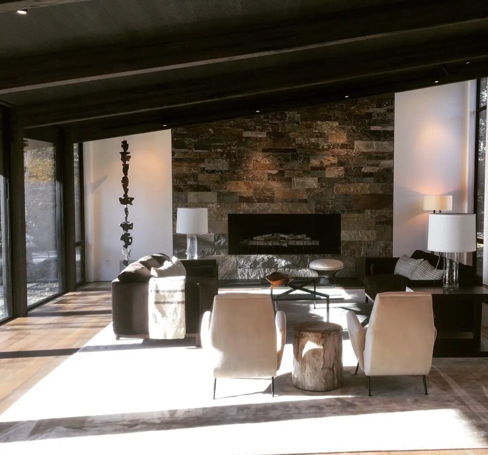 The living room of a vacation home in Sun Valley, Idaho, designed by Sienna Oosterhouse