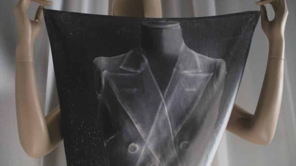 poster-turned-dress printed with an image of the first jacket designed by Margiela for his house, featured in his Spring/Summer 2009 retrospective collection