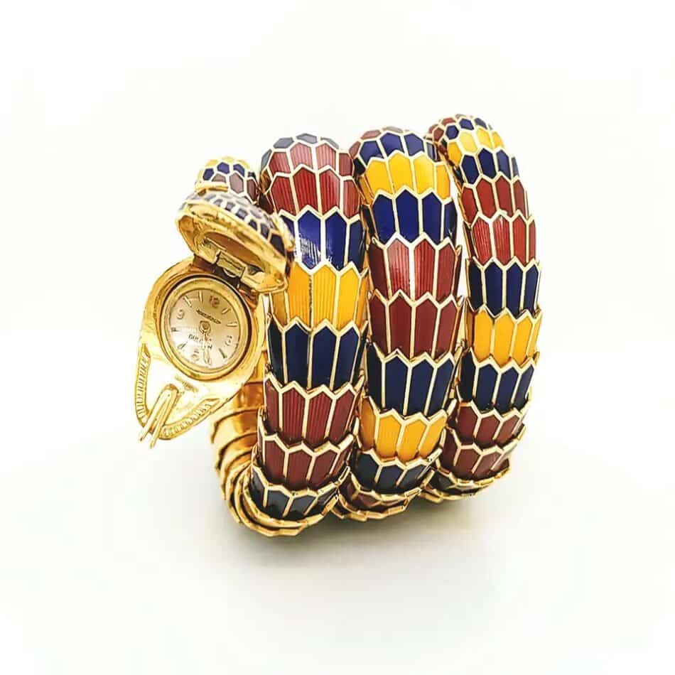 Bulgari gold and enamel Serpenti bracelet watch, 1960s, offered by Spectra Fine Jewelry