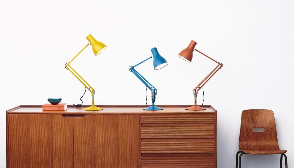 Anglepoise Type 75 lamps in Yellow Ochre, Saxon Blue and Sienna 
