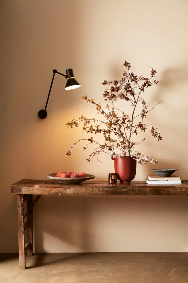 An Anglepoise Type 80 W3 wall light illuminates a console table