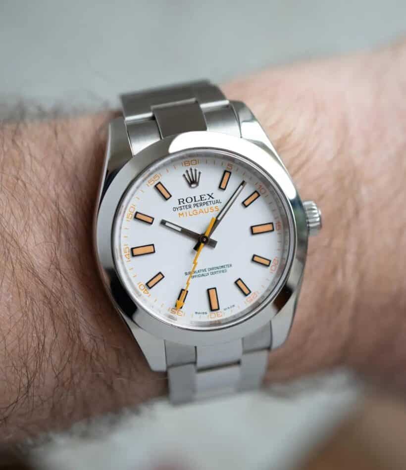 Rolex Milgauss ref. 116400 with baton indexes and a lightning-bolt second hand, ca. 2008