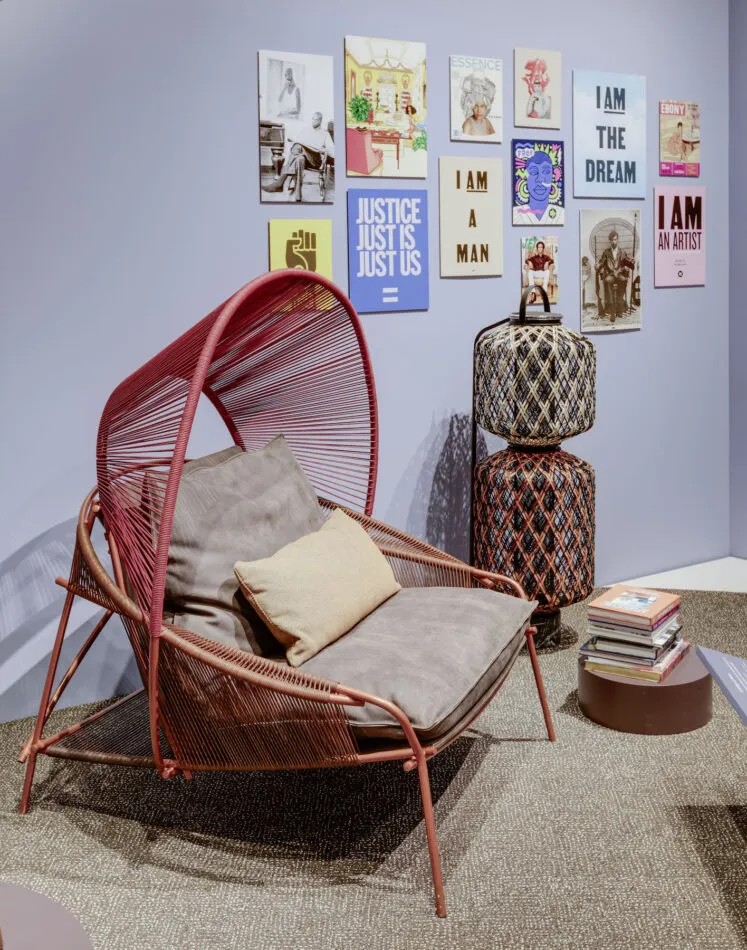 Furniture designer Stephen Burks's Traveler outdoor chair in the exhibition "Reclaiming My Time" at the Smithsonian National Museum of African American History and Culture
