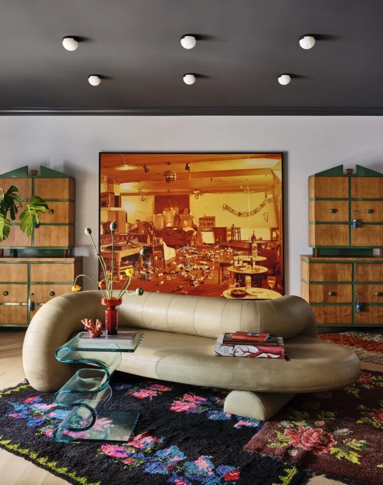 In their exuberant Omaha home, Mark and Mikal Eckström — the duo behind Studio Eckström — turned a long room just off the foyer into a guest reception area that doubles as a bar.