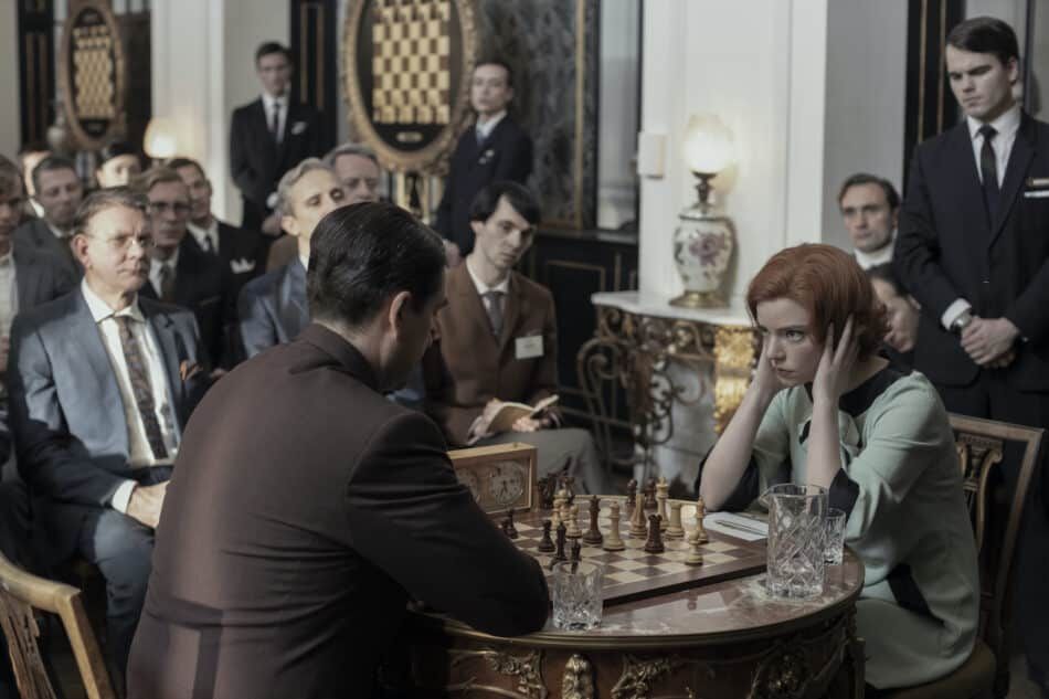 A tense match with chessmaster Vasiliy Borgov (played by Marcin Dorocinski), whom Harmon dubbed "The Russian."