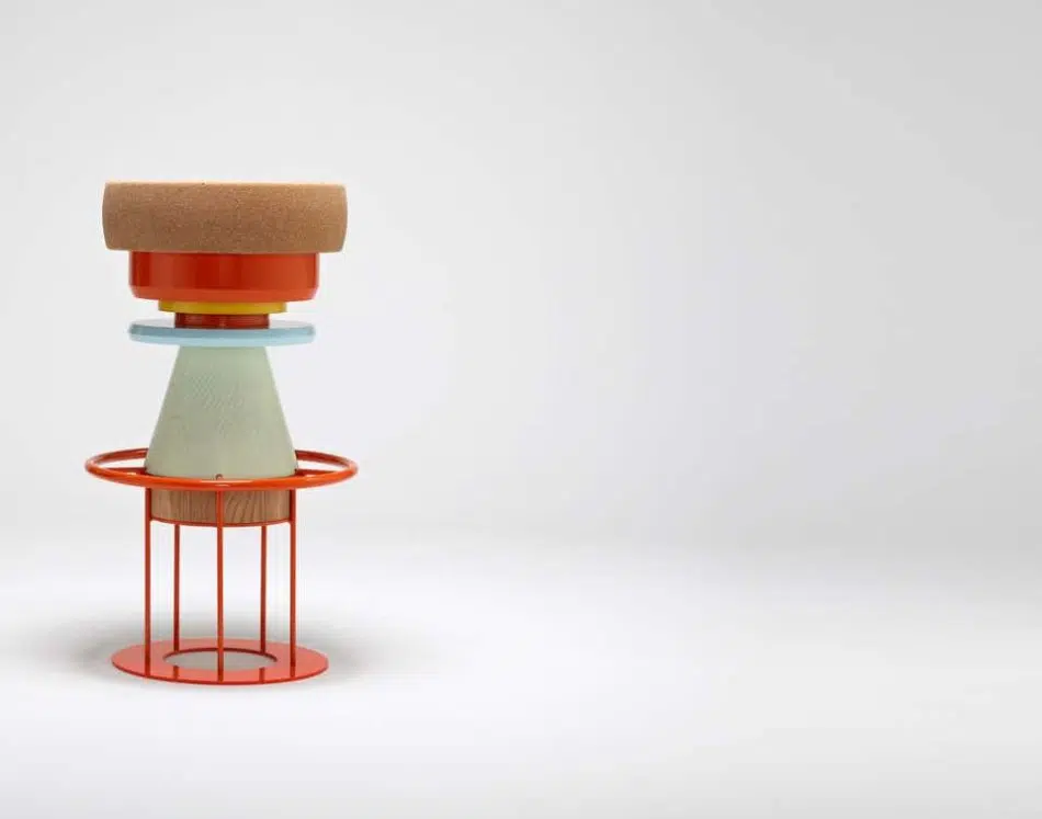 Note Design Studio's Tembo Stool, which is made of wood, metal, lacquered MDF and cork
