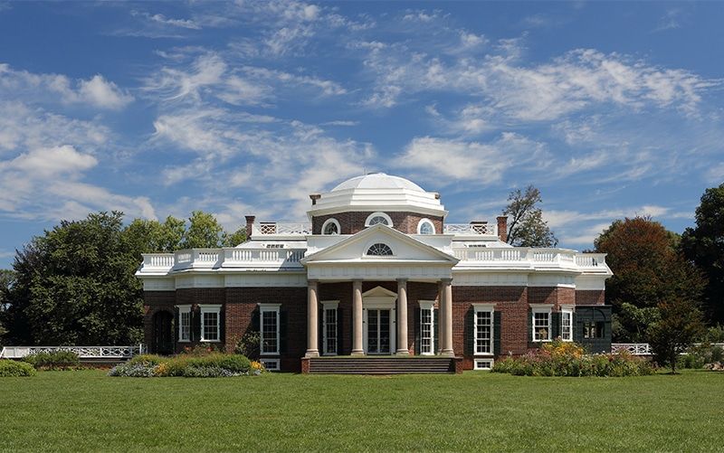 Open, bold geometries and red brick-white paint palettes are hallmarks of Jeffersonian architecture, seen here in an exterior shot of Monticello.