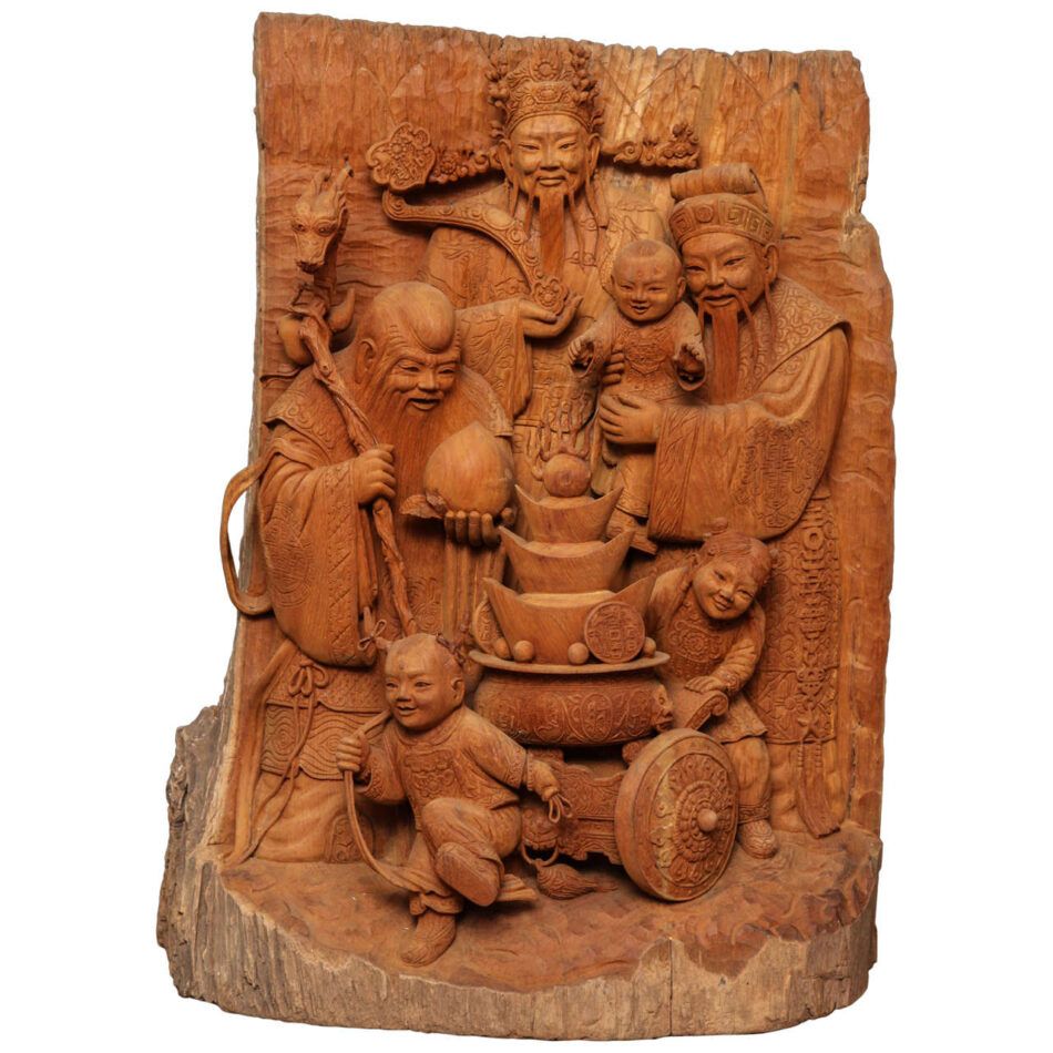Carving of Three Lucky Chinese Gods in Solid Teak