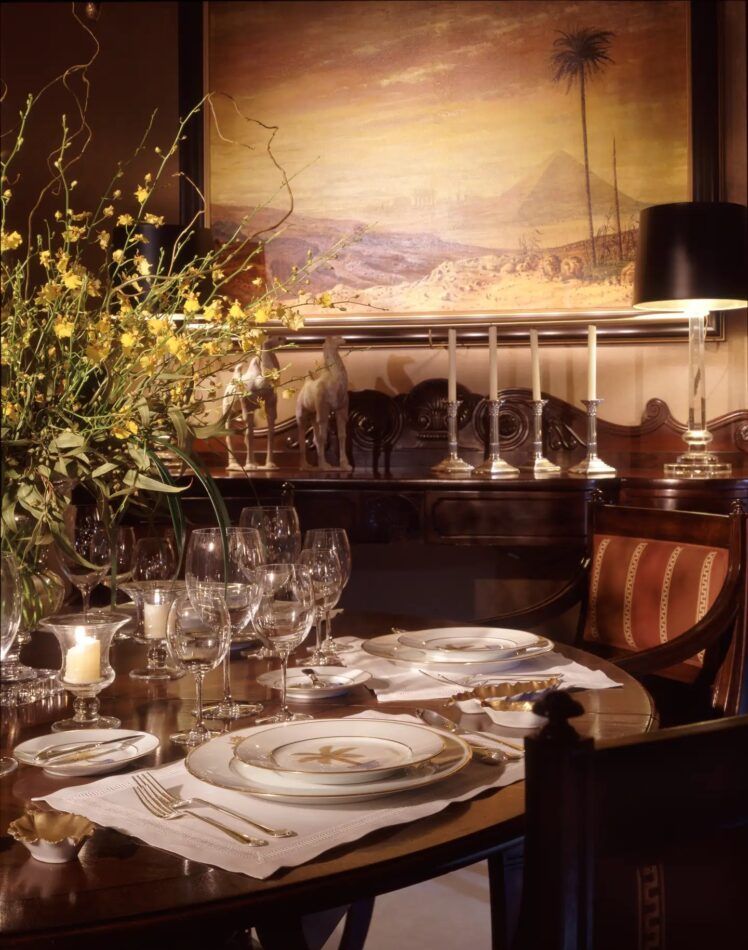 Exotic dining room of a Bahamian Georgian–style house on Florida’s Johns Island, designed by Tom Stringer.