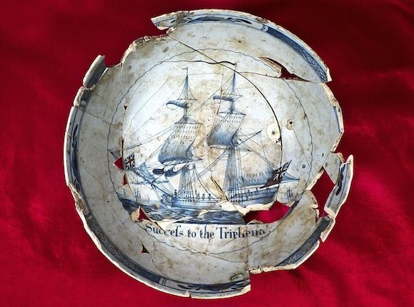 English ceramic punch bowl decorated with the ship Triphena, 1760s