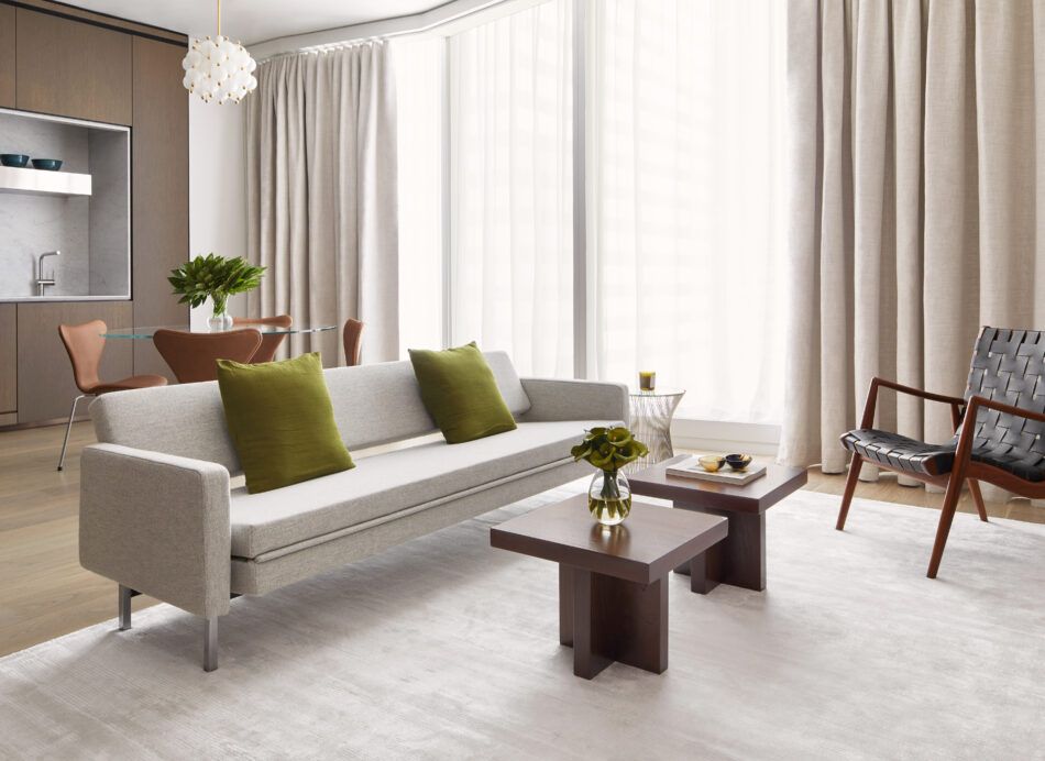 Living room of a New York pied-a-terre designed by Frederick Tang Architecture.