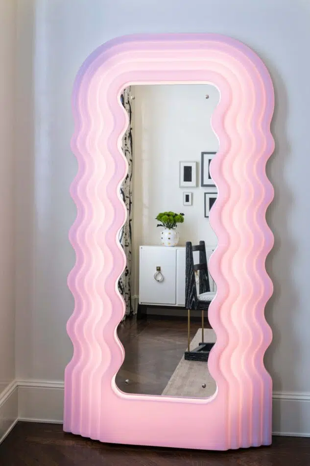 Ettore Sottsass Ultrafragola mirror in a Park Avenue apartment designed by Melanie Morris.