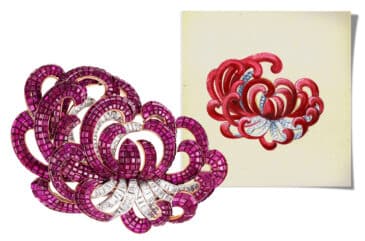 This Van Cleef & Arpels Mystery Set chrysanthemum brooch, shown with a sketch for its design, was made by the house in 1937.
