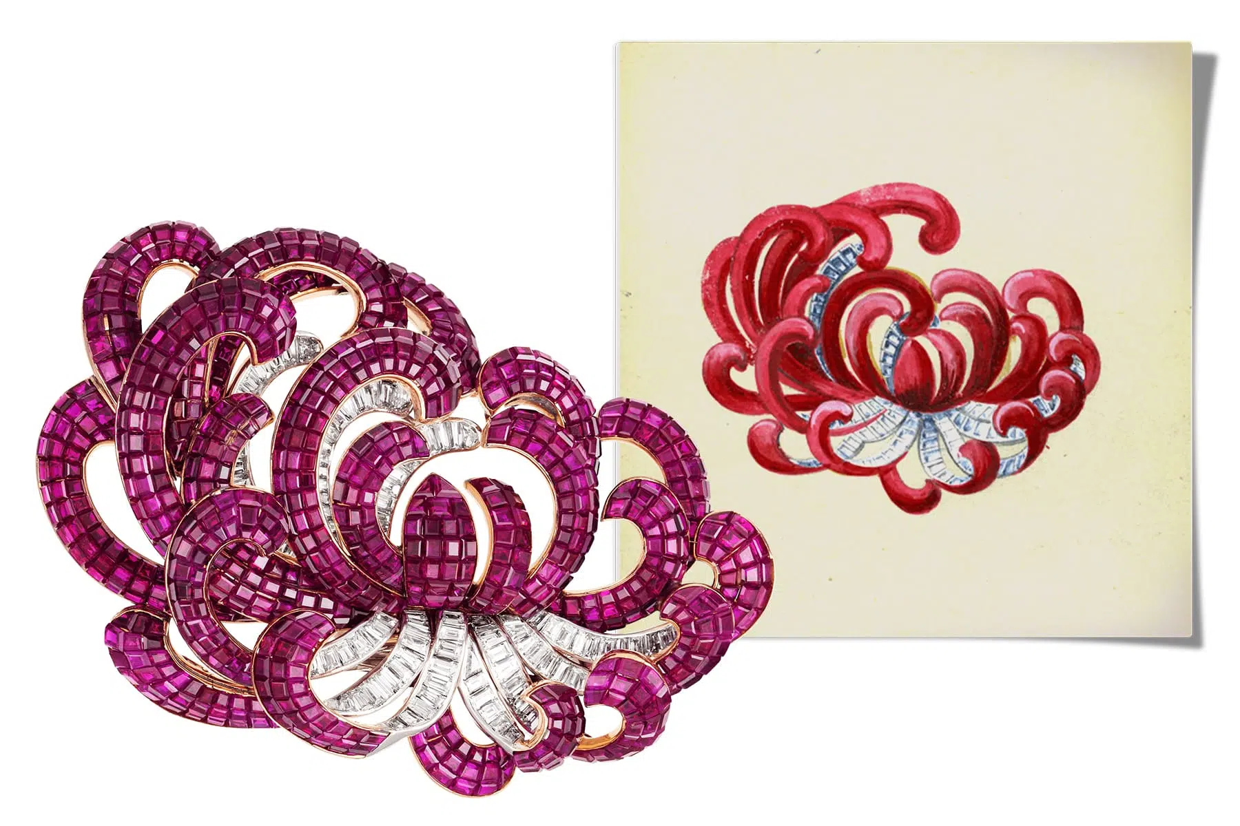 This Van Cleef & Arpels Mystery Set chrysanthemum brooch, shown with a sketch for its design, was made by the house in 1937.