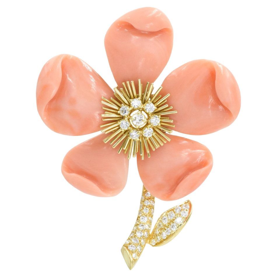 Van Cleef & Arpels clematis brooch with coral and diamonds, 1980s