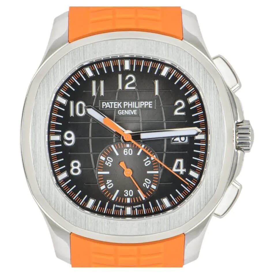 A 2021 Patek Philippe Aquanaut  Chronograph ref. 5968A-001 with an orange strap, offered by WatchCentre on 1stDibs
