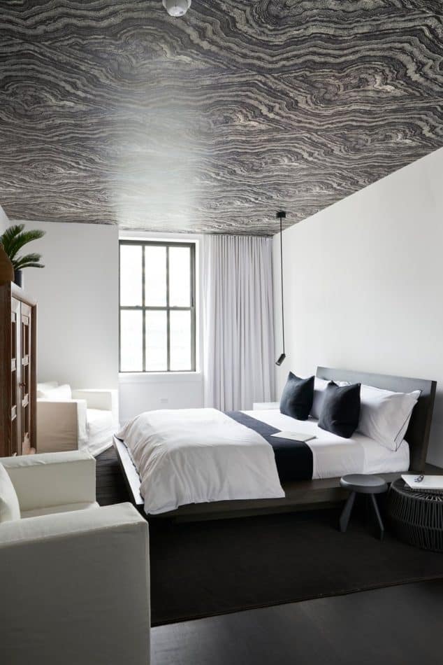 black and white wallpapered bedroom ceiling by Timothy Godbold