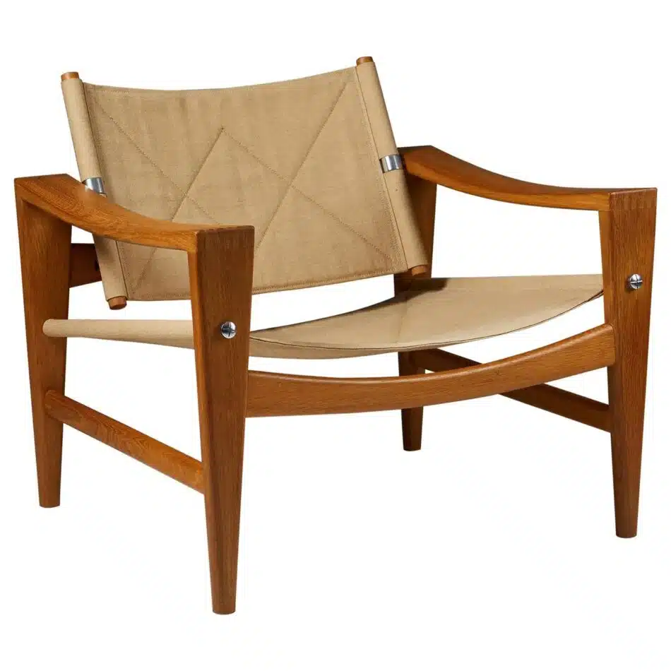 Wooden Hans J. Wegner for Johannes Hansen armchair with a tan fabric seat and back