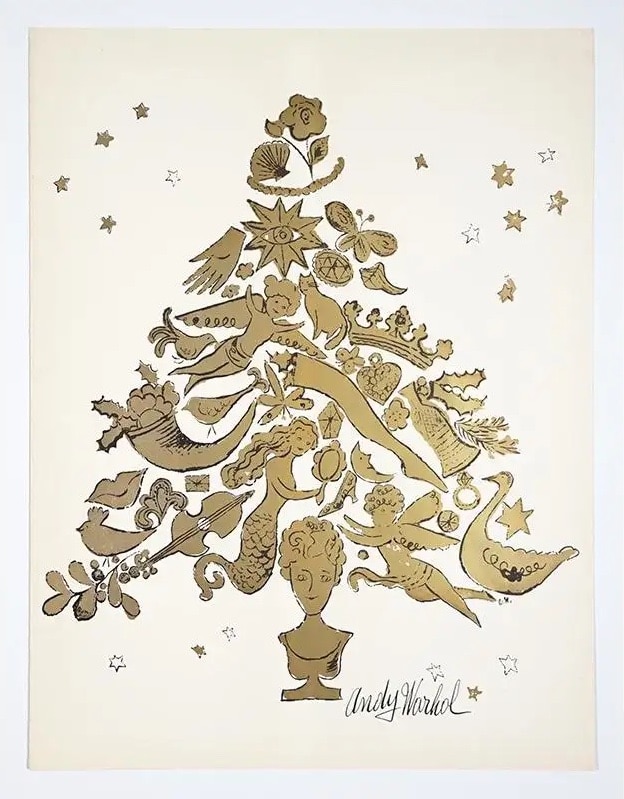 An illustration of a gold Christmas tree by Andy Warhol