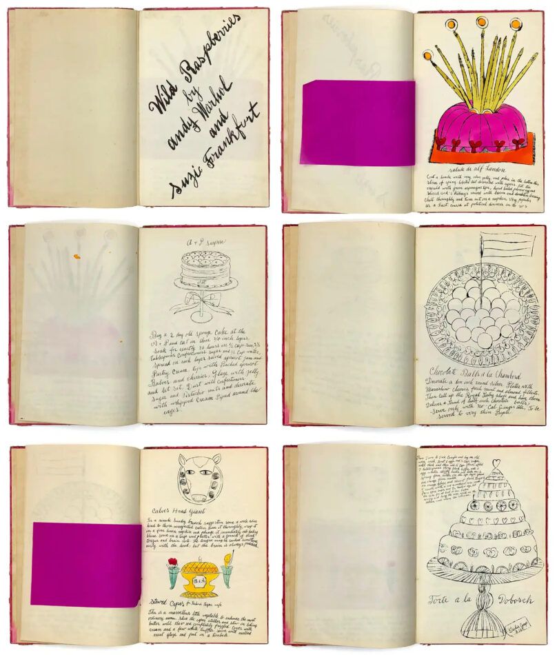 The first six pages of Wild Raspberries, a cookbook made by Andy Warhol and Suzie Frankfurt in 1959.