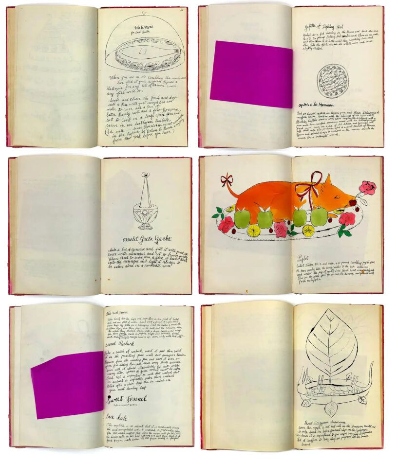 Six pages from Wild Raspberries, the artist's book made by Andy Warhol and Suzie Frankfurt 