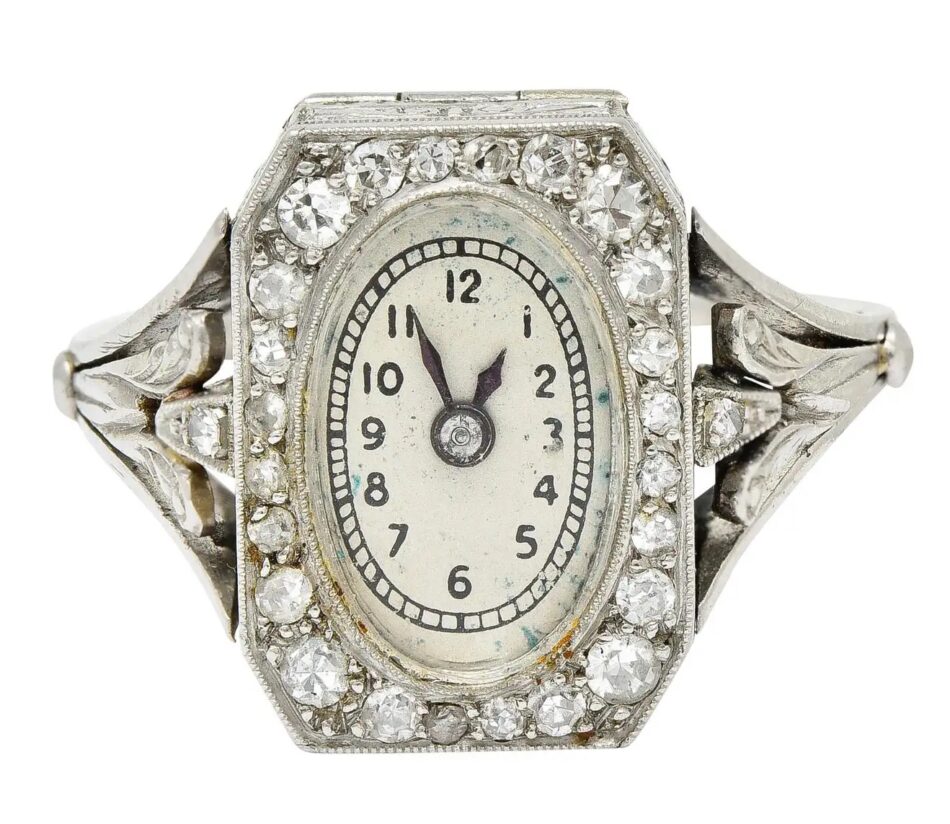 French Art Deco diamond and platinum watch ring, 1930s 