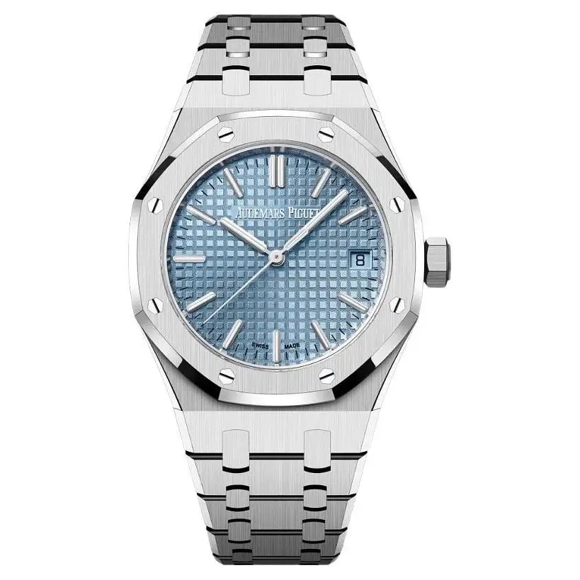 An Audemars Piguet Royal Oak "50th Anniversary" in stainless steel with a light-blue dial